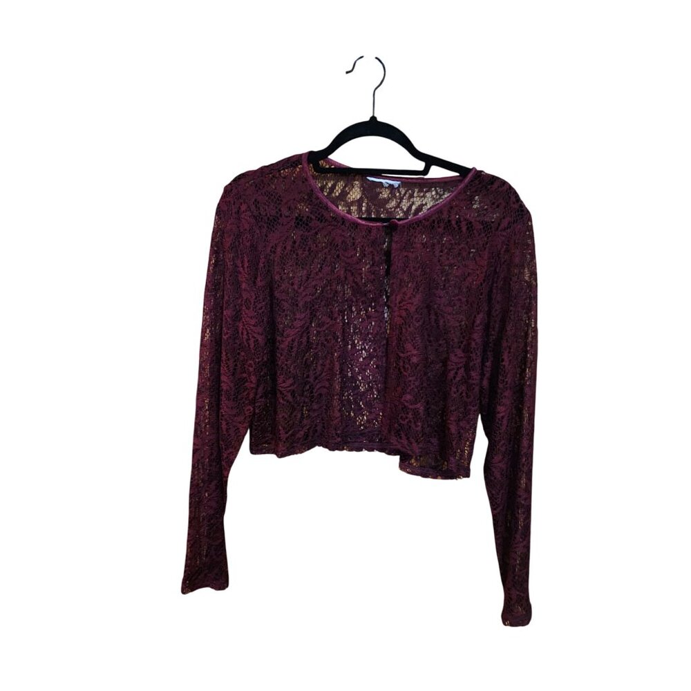 Womens Burgundy Lace Long Sleeve Cropped Cardigan